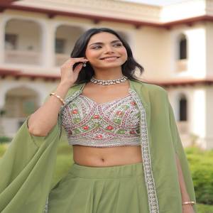 VASTRA COTTAGE Lehenga en Faux Georgette Entièrement Cousu avec Broderie de Perles et Fil, Blouse, Shrug, Koti, Doublure en Coton, Tenue Ethnique Élégante - Product Image 3