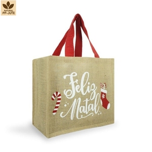 Sac cadeau de Noël personnalisé en jute, sac fourre-tout en toile de jute naturelle laminée avec impression de logo, vente en gros, OEM, marque privée, emballage cadeau en vrac - Product Image 1