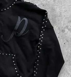 Gothic Men's Black Rhinestone Stud Trimmed Zip Hoodie- Heavyweight Sweatshirt with Cursive Letter Embroidery & Pockets - Product Image 6