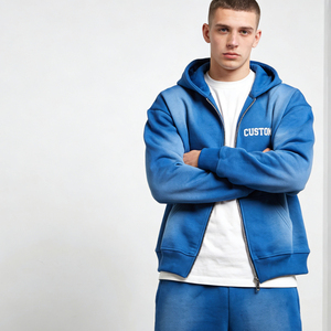 เสื้อฮู้ดดี้ผู้ชายสีน้ำเงินเทรนดี้ ลายมัดย้อม ซิปยาว ทรงโอเวอร์ไซส์ พิมพ์ลายตัวอักษร สวมใส่สบาย สไตล์ลำลอง สตรีทแวร์ - Product Image 4