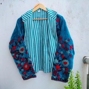 Handcrafted Turquoise Blue Velvet Breathable <b>Quilted</b> Women's Premium Suzani Kashmiri Embroidered Winter Wear Jacket Floral - Product Image 3