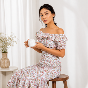 Women's Shoulder Short Sleeve Floral Print Discharge Printed Cotton Dress Ruffled Neckline Full Length Prairie Chic Spring - Product Image 1