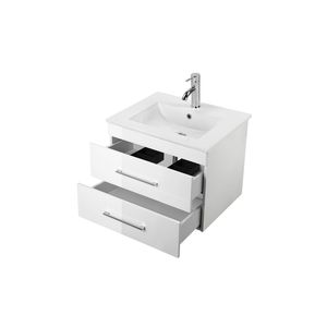 Meuble-lavabo mural moderne et minimaliste blanc brillant de 24 pouces avec double tiroir, vasque en céramique et système de fermeture amortie - Product Image 4