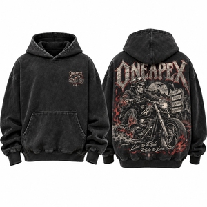 Sudadera con Capucha Negra para Hombre, Estampado de Calavera de Motero, Lavado Ácido, Oversize, Estilo Urbano, ONEAPEX, Venta al por Mayor Personalizada - Product Image 3