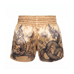 Shorts de boxe Askar vert avec ceinture dorée, sérigraphie, coupe ample, unisexe, 100 % polyester, légers, pour arts martiaux - Product Image 2
