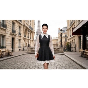 Robe longue en soie à col Peter Pan, coupe trapèze parfaite, manches longues soyeuses, nouvelle collection Vietnam, fabriquée en France - Product Image 2
