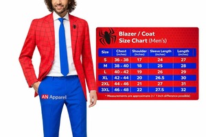 High Quality Mens <b>Red</b> Spiider-Man Print Blazer <b>Suit</b> With Blue Pants And Tie British Style Formal Wear - Product Image 5