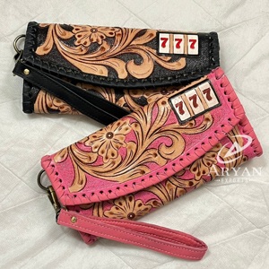 OEM ODM Hand Tooled Leather Clutch for Women's Floral & 777 Design Cowhide Fur Leather Card Holder Luxury Wristlet Wallet <b>Purses</b> - Product Image 1