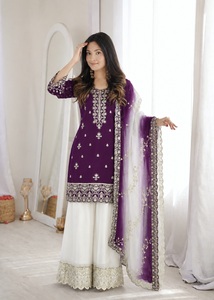Ensemble ethnique prêt-à-porter en soie naturelle pure avec broderie de sequins, haut, pantalon palazzo et dupatta en organza de soie Kundan, entièrement cousu WSP 1402 - Product Image 4