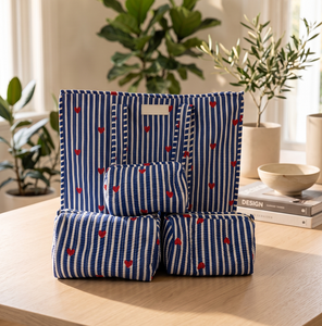 Ensemble de sacs fourre-tout en coton imprimé à la main à rayures, motif Twin Feet, avec 3 pochettes, fermeture éclair, résistant à l'eau, pour voyage, tendance, bleu - Product Image 2