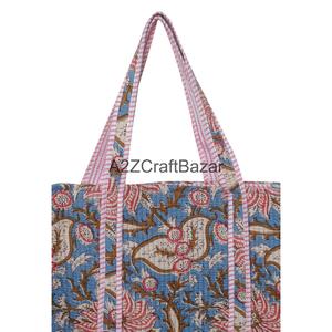 Eco-Friendly Women's 100% Pure Cotton Quilted Tote <b>Bag</b> with <b>Long</b> Handle Large Size Multi-Color Made Rajasthan for Daily Use - Product Image 2