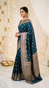 AARA Fashion <b>Green</b> <b>Silk</b> Saree Gold Border Traditional Wedding Wear for Women India Pakistan Style Floor Length Regular Fit Sun - Product Image 3