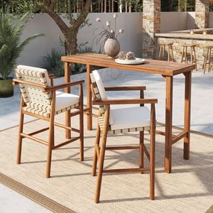 Juego de Bar de 3 Piezas de Madera de Acacia para Exteriores, Mesa de Comedor para Patio y 2 Taburetes con Cojines para Jardín o Piscina - Product Image 2