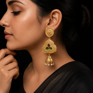 ARTS JEWELS Antique Gold Plated Oxidized Silver Ethnic Jhumka Dangle Earrings Bezel Setting Red Green Synthetic Stones Women - Product Image 4