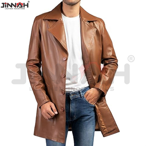 High Quality <b>Mens</b> Distressed Brown <b>Long</b> Leather <b>Coat</b> Fully Customized With Internal Soft Polyester Lining StylisTwo Side Pockets - Product Image 2