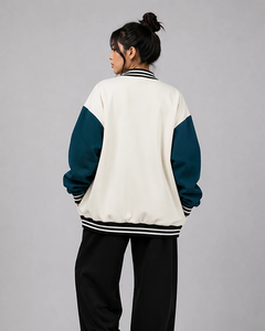 Chaqueta Varsity de Londres, Inglaterra, para Mujer, Color Crema y Azul, con Cierre de Cremallera en las Mangas, Bolsillo Tipo Canguro, Estilo Preppy para Otoño - Product Image 2
