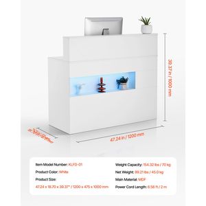 Bancone Reception Rettangolare da 47 Pollici con Illuminazione LED, 2 Cassetti e Prese di Corrente per Cliniche e Hotel - Product Image 4