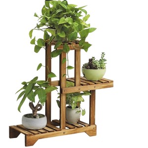 Support à plantes 3 niveaux en bois massif de qualité supérieure, pour intérieur et extérieur, présentoir à pots de fleurs, organisateur de jardin et de balcon en bois naturel - Product Image 1