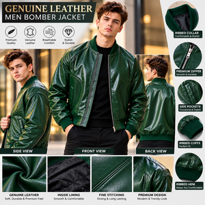 Chaqueta Bomber de Cuero Genuino para Hombre, Color Verde Bosque, Cuello Acanalado, Cierre de Cremallera, Chaqueta de Motociclista a la Moda, Ropa Exterior Personalizada al por Mayor - Product Image 2