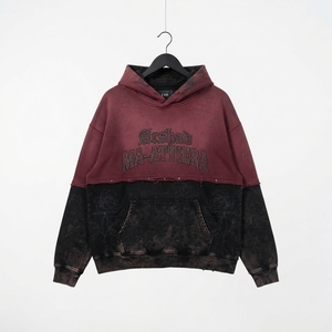 <b>Mens</b> <b>Burgundy</b> Black Color Block Acid Wash Distressed Pullover <b>Hoodie</b> Graphic Prints Kangaroo Pocket Streetwear Wholesale - Product Image 3