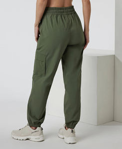 Pantalon cargo décontracté pour femme, taille haute, éco-responsable, respirant, coupe skinny élastique, avec cordon de serrage, poches cargo, devant plat, couleur unie, printemps - Product Image 2