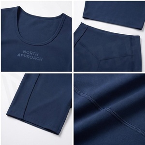 North Approach 2 Piece Yoga Set Scoop Neck Crop Top High Waist Shorts Solid <b>Navy</b> Blue Breathable Seamless Sportswear - Product Image 4