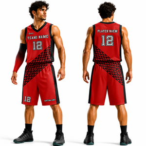Camiseta de Baloncesto Sublimada Personalizada para Hombre, sin Mangas, Cuello en V, Roja y Negra, con Estampado Geométrico, Uniforme Deportivo que Absorbe la Humedad - Product Image 1