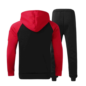 Men's Red Black Color Blocking Hooded Tracksuit Set Full Sleeve Casual Jogger Pants With <b>Zip</b> Pockets Autumn Wear - Product Image 3