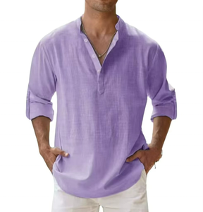 Camiseta de lino casual de manga larga para hombre, cuello alto, color liso, estilo suéter holgado para primavera, camisa de algodón para comercio transfronterizo - Product Image 4