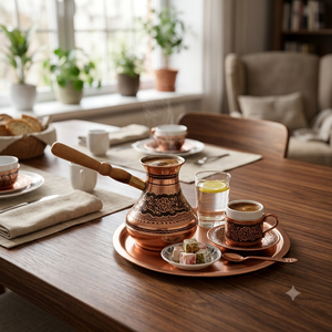 Cezve vintage bicolore noir en cuivre gravé à motifs floraux, pour café turc, à poser sur cuisinière, type Briki grec, avec base ronde et poignée en bois robuste - Product Image 5