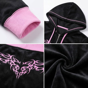 Ensemble de survêtement à capuche noir et rose pour femme, manches longues, fermeture éclair sur le devant, imprimé, tenue décontractée, vêtements d'automne - Product Image 6