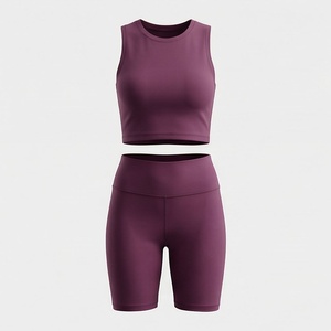 Conjunto Deportivo de 2 Piezas para Mujer, Color Sólido, Top Corto sin Mangas y Pantalones Cortos de Cintura Alta, Estilo Deportivo, para Primavera/Verano - Product Image 1