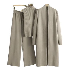 Ensemble de survêtement en laine noire pour femme, col roulé, coupe ample, style minimaliste, vêtements d'hiver, couleur unie, manteau long et pantalon - Product Image 3
