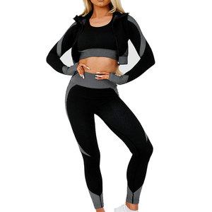 Women's Seamless 3 Piece <b>Workout</b> Set Custom Yoga Fitness Activewear Sports Bra High Waist Leggings and <b>Jacket</b> Gym Wear Outfit - Product Image 1
