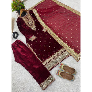 Nouvelle combinaison de soirée en velours de viscose de créateur avec broderie lourde, haut et dupatta entièrement cousus et bas pour les occasions spéciales - Product Image 1