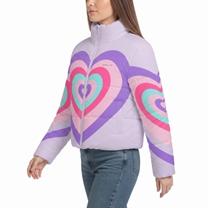 Women's Heart Print Sublimation Puffer Jacket Quilted Cropped Winter Coat Full Zip High Neck Warmest <b>Padded</b> Outdoor Fashion Wear - Product Image 3