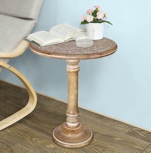 and Carved Solid Mango Wood Round Pillar Accent <b>Table</b> <b>Coffee</b> <b>Table</b> <b>Rustic</b> Farmhouse Side End <b>Table</b> - Product Image 1