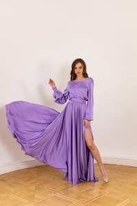 Robe longue en satin violet pour femme, manches longues, fente haute, ceinture à la taille, élégante, pour soirée, cérémonie, mariage, invitée - Product Image 4