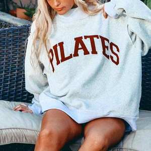 Women's Oversized Crew Neck <b>Applique</b> With Yoga <b>Letter</b> Print Cotton Knitted Autumn Style Regular Length Full Sleeve Mock Neck - Product Image 5
