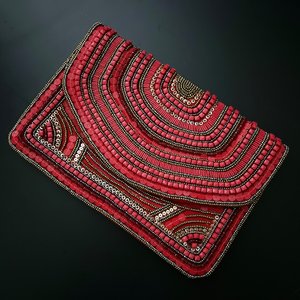 Handmade <b>Red</b> Beaded Embroidered Cotton Purse Rectangular Shape Art Craft Decorative <b>Clutch</b> - Product Image 1