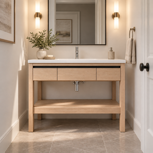 Meuble de salle de bain moderne en bois massif, meuble-lavabo sur pied, unité de rangement en bois, mobilier en gros pour hôtels et appartements - Product Image 1
