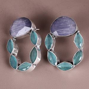 Pendientes de estilo bohemio, tribal y étnico, de latón con baño de plata antigua, para mujer, para bodas, con incrustaciones de piedra Monalisa, geométricos, colgantes y llamativos - Product Image 3