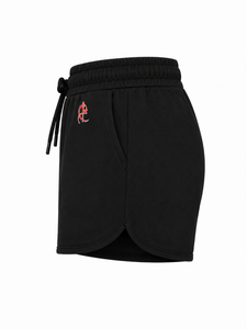 Shorts noirs taille haute pour femmes avec logo brodé, fermeture à cordon, coupe décontractée et sportive, style classique, couleur unie - Product Image 6