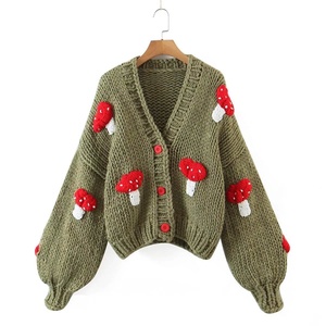 Cárdigan de punto para mujer con apliques de setas, cuello en V, manga farol, suéter informal de otoño - Product Image 6