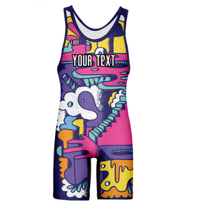 Combinaison de lutte unisexe violette ajustée en Spandex et Nylon extensible avec logo imprimé par transfert thermique sur le devant, vêtement de sport de combat - Product Image 4
