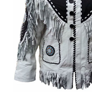 Premium <b>White</b> Cowhide Leather <b>Men</b> Fringe <b>Jacket</b> Retro Turn Down Collar Embroidery Geometric Pattern OEM Customization Available - Product Image 3