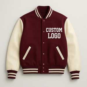 Blouson universitaire coupe-vent uni bordeaux pour homme avec manches en PU, logo personnalisé imprimé sur le devant, col mandarin décontracté, simple boutonnage - Product Image 1