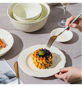 Ineeman Mambo Green French Design Tableware Series Embossed Petal Pattern Underglaze BPA Free Porcelain Durable <b>Dinnerware</b> <b>Sets</b> - Product Image 2