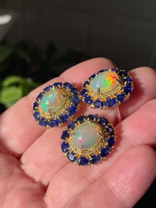 Fancy Large <b>Opal</b> Dark Blue Sapphire Post Halo <b>Earrings</b> Ring Set 925 Sterling Silver Gold/ elegant luxury cocktail set - Product Image 4