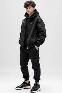 Ensemble de survêtement à capuche en coton noir pour garçons, coupe ample, style streetwear, veste zippée, pantalon cargo jogger, coupe-vent pour l'automne - Product Image 4